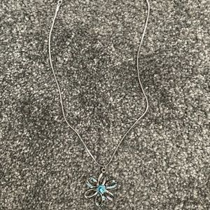 silver flower necklace w blue gems